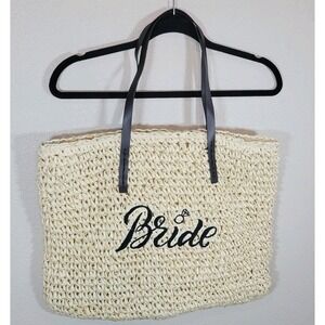 Bride‎ Embroidered Straw Tote Bag Raffia Beach Wedding Honeymoon 17.5x14